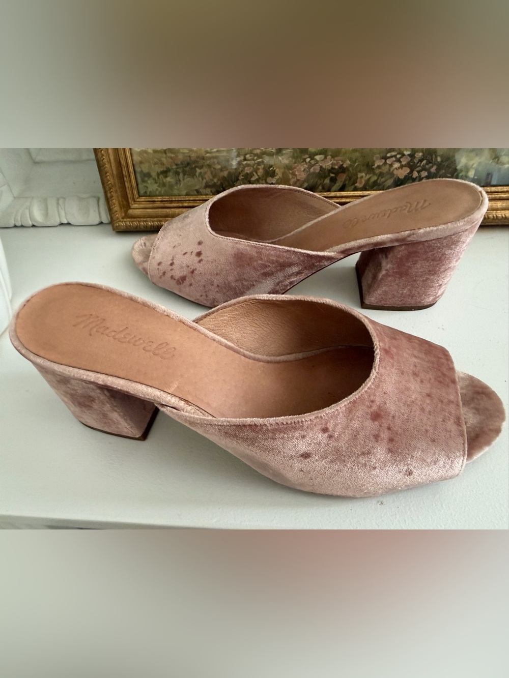 Madewell Blush Velvet Open-Toe Block Heel Mules